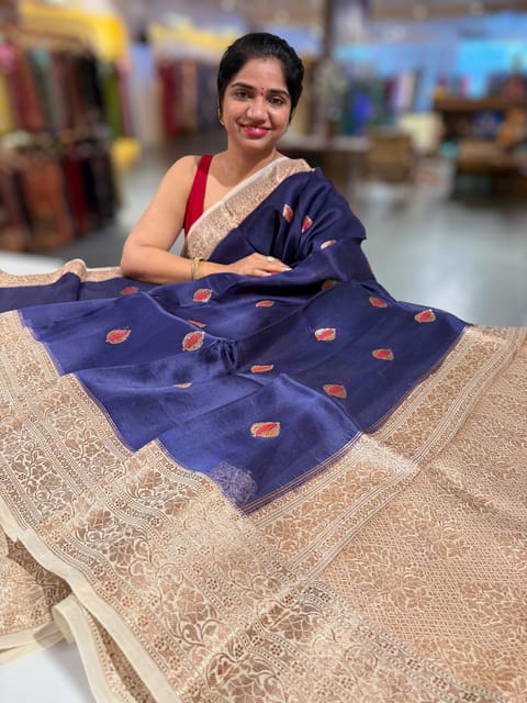 Navy and Beige Kora Banarasi Saree with Meenakari Kaduwa Woven Motifs