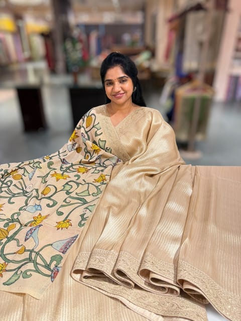 Ivory Banarasi Brocade Saree with Statement Borders and Pen Kalamkari Blouse