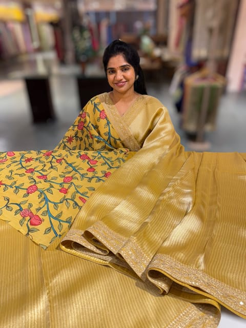 Lemon Yellow Banarasi Brocade Saree with Statement Borders and Pen Kalamkari Blouse