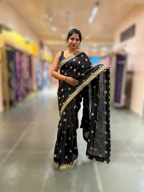Black Pure Handloom Banarasi Silk Saree with Handwork Borders and Blouse