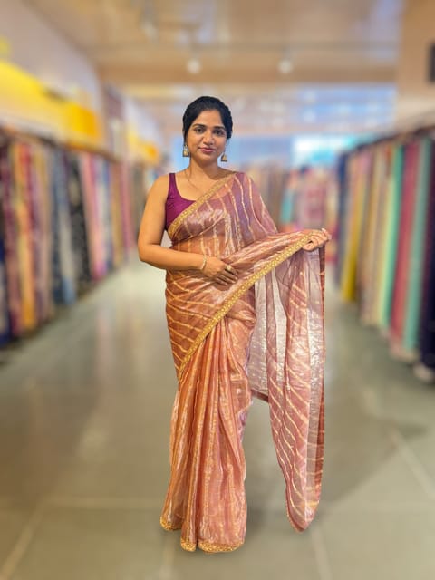 Onion Pink Banarasi Tissue Checks Saree with Statement Borders