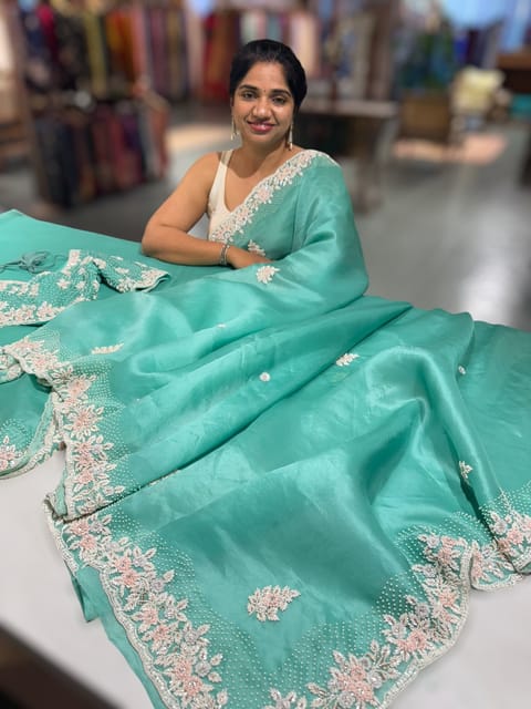 Sea Organza Heavy Handwork Saree with Ready to Wear Blouse