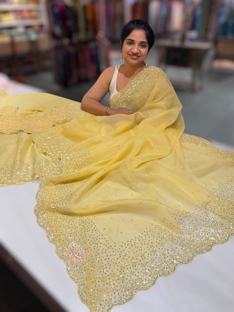 Pastel Yellow Organza Handwork Saree with Ready to Wear Blouse