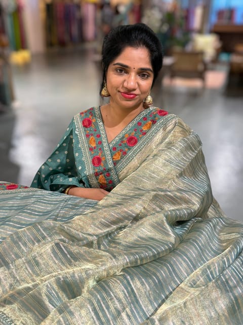 Sage Green Kora Tissue Stripes Saree with Statement Embroidered Borders and Blouse