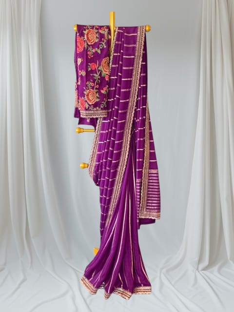 Brinjal Banarasi Chiffon Zari Stripes Saree with Embroidered Blouse