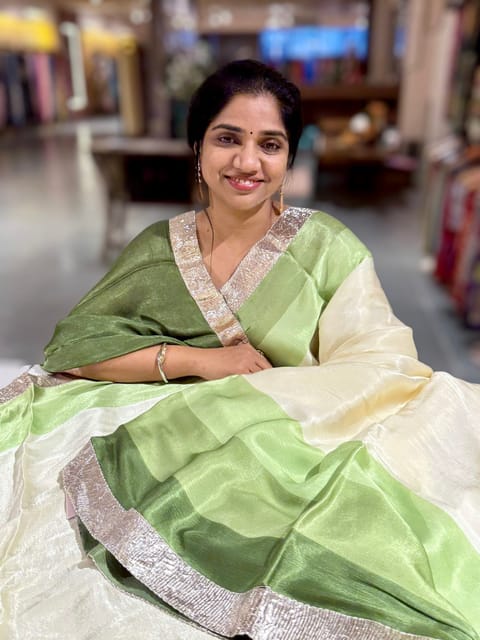 Ivory and Green Chinon Crepe Saree with Gotapatti Borders