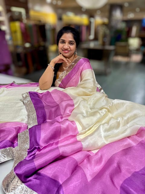Ivory and Purple Chinon Crepe Saree with Gotapatti Borders