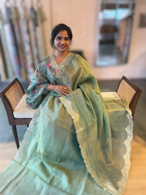 Ombre Dyed Crush Tissue Saree with Pitawork Border & Petite Point Embroidered Bp