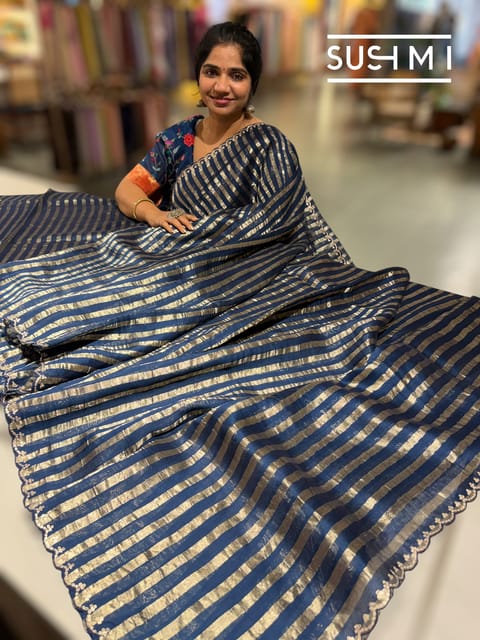 Midnight Blue Mul Tissue Saree with Silver Stripes
