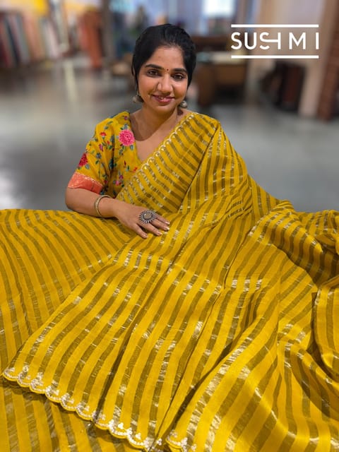 Mango Yellow Mul Tissue Saree with Silver Stripes