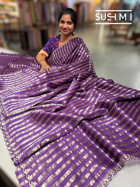 Purple Mul Tissue Striped Saree with Scalloped Border