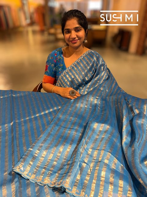 Cobalt Blue Mul Tissue Saree with Scalloped Border