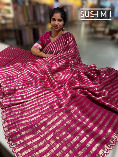 Beetroot Pink Mul Tissue Saree with Scalloped Border