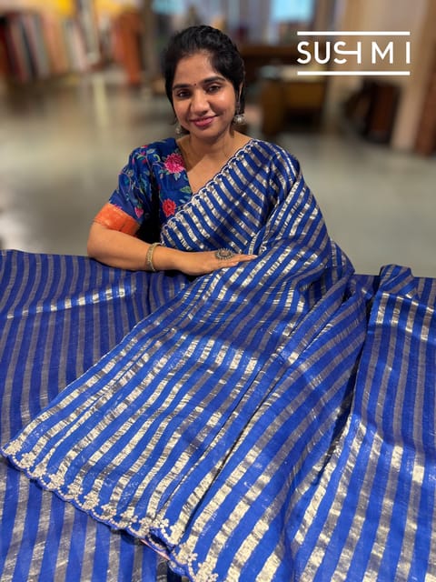 Electric Blue Mul Tissue Stripes Saree