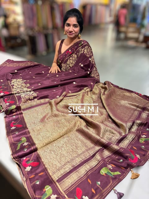 Wine Brown Mysore Silk Saree with Paithani Border