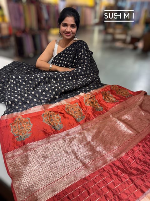 Black Banarasi Bandhej Silk Saree