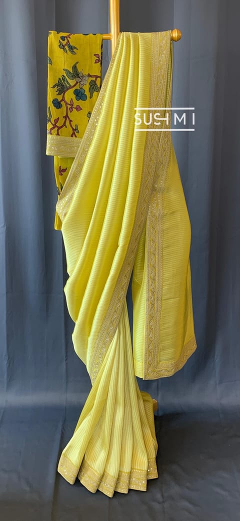 Lime Yellow Banarasi Tonchoi with Pen Kalamkari Blouse
