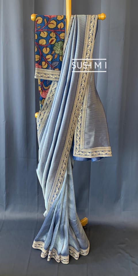 Royal Blue Banarasi Tanchoi Brocade Saree with Kalamkari Blouse