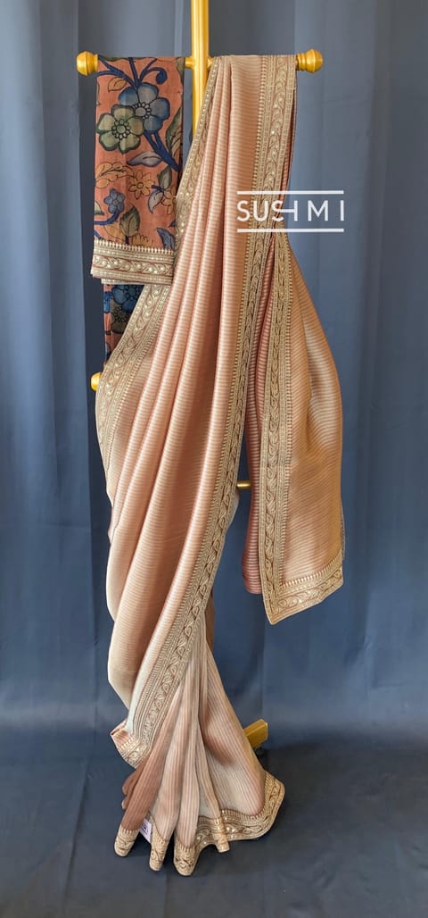 Rust Orange Banarasi Tonchoi with Pen Kalamkari Blouse