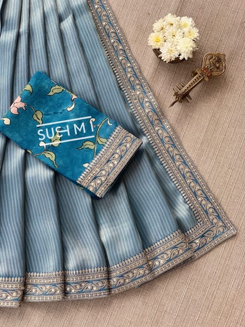 Dusty Blue Banarasi Tanchoi with Pen Kalamkari Blouse