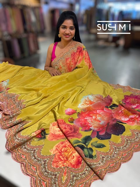 Mustard Yellow Designer Crepe Silk Saree