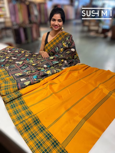 Black Printed Soft Silk Saree with Peacock Motifs