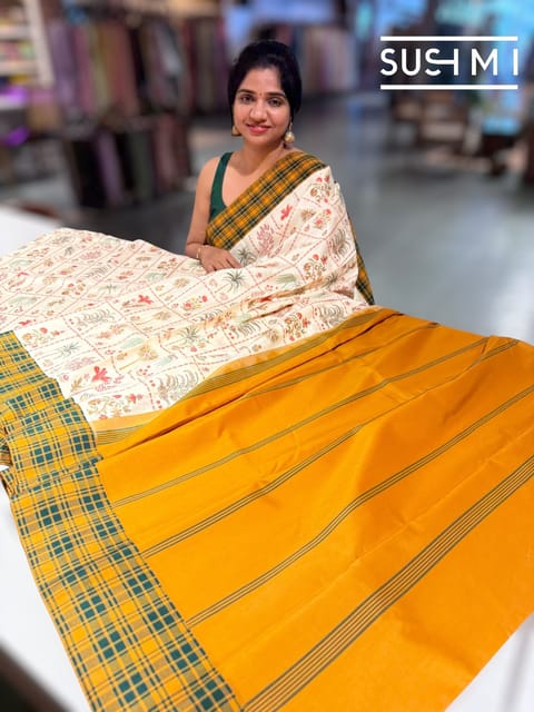 Ivory Printed Soft Silk Saree with Burberry Checks Border