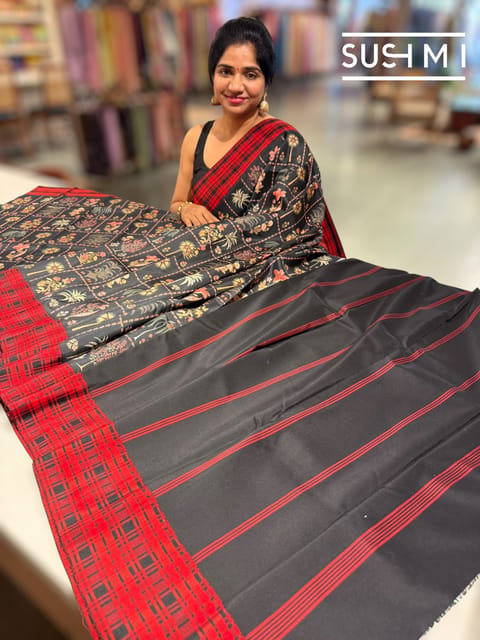 Black Printed Soft Silk Saree with Floral Motifs