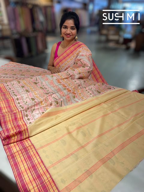 Pastel Pink Printed Soft Silk Saree with Burberry Checks Border