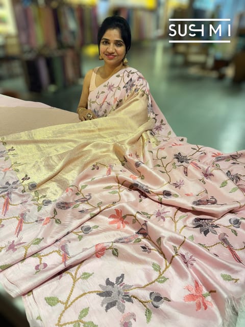 Pastel Pink Kanjeevaram Brocade Saree with Embroidered Borders
