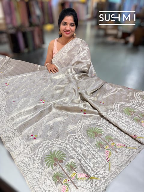 Silver Tissue Brocade Kanjeevaram Saree with Embroidered Border