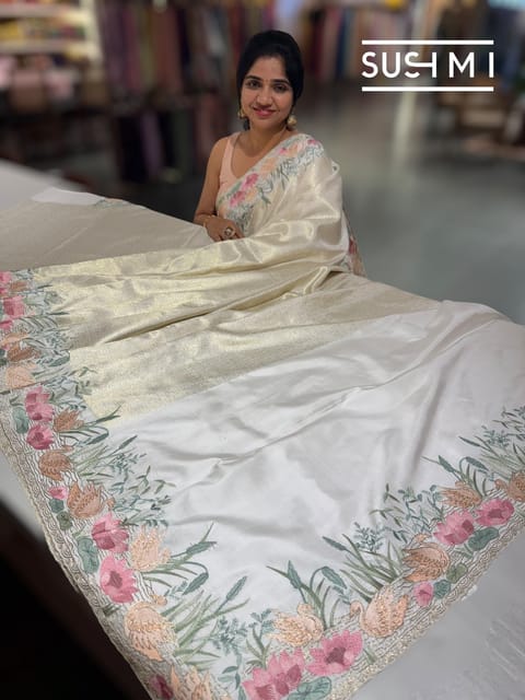 White Brocade Kanjeevaram Saree with Embroidered Pond Border