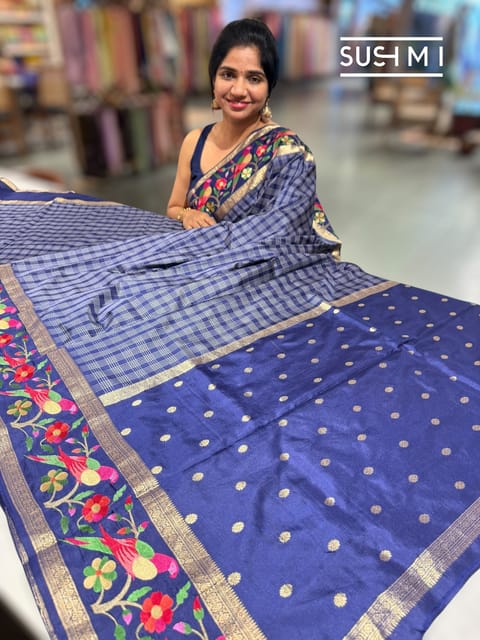 Midnight Blue Vintage Checks Kanjeevaram Soft Silk Saree with Embroidery