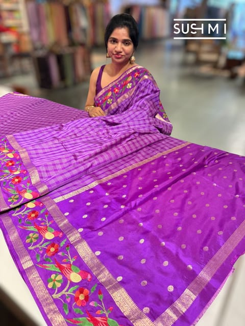 Magenta Kanjeevaram Soft Silk Saree with Vintage Checks