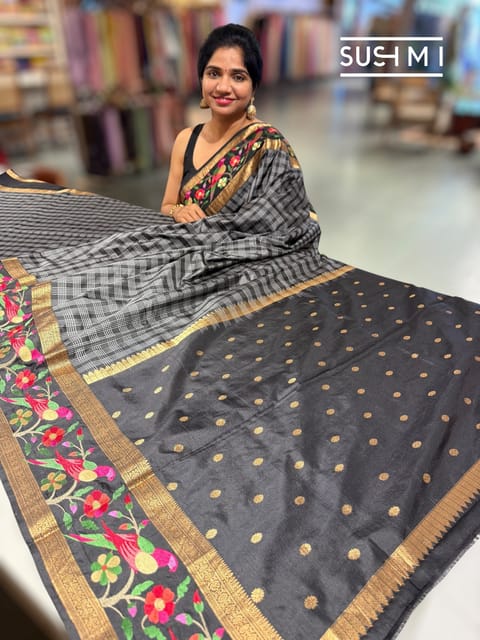 Black Vintage Checks Kanjeevaram Soft Silk Saree with Embroidery