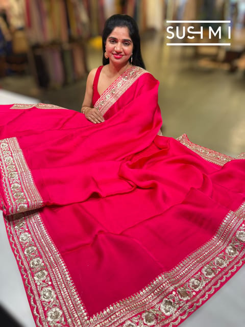 Bright Pink Satin Saree with Statement Borders
