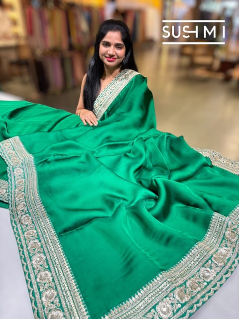Emerald Green Satin Saree with Embroidered Blouse