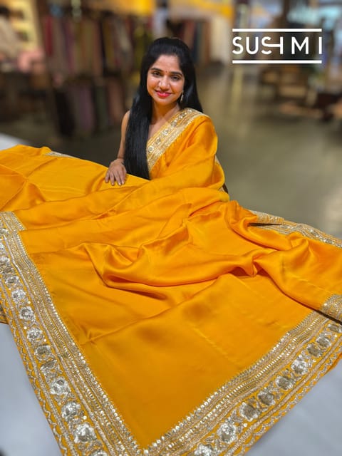 Marigold Yellowish Orange Satin Saree with Statement Borders