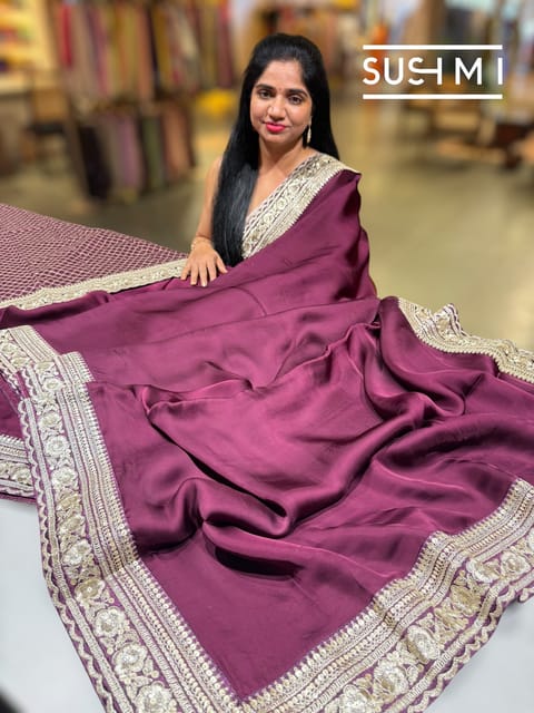 Wine Satin Saree with Statement Borders