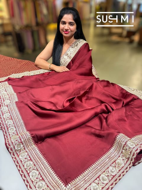 Burgundy Satin Saree with Statement Borders : D62f051