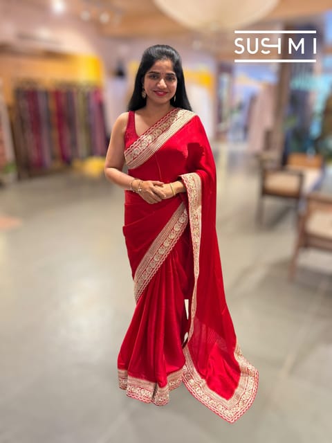 Red Satin Saree with Statement Borders