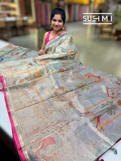 Dusty Blue Banarasi Printed Tissue Saree with Handwork