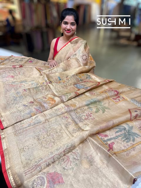 Gold Banarasi Tissue Saree with Printed Motifs