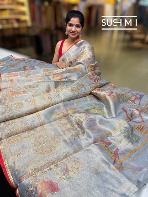 Dusty Blue Banarasi Tissue Saree with Zari Border