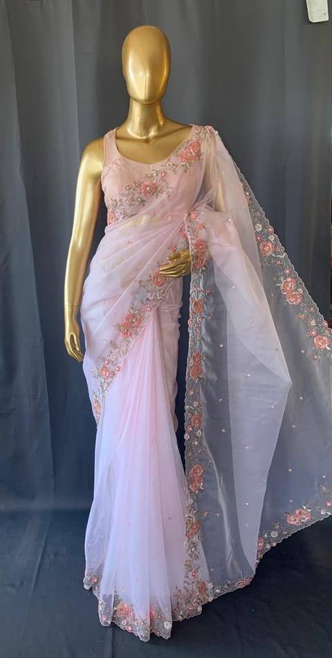 Pastel Pink Organza Heavy Handwork Saree