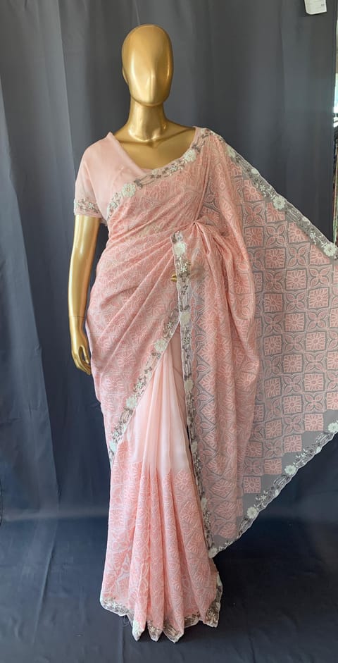 Peach Georgette Saree with Allover Chikankari