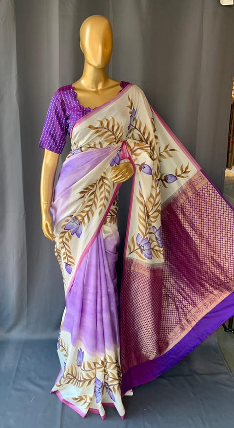 Hand-Painted Pure Silk Saree with Banarasi Pallu
