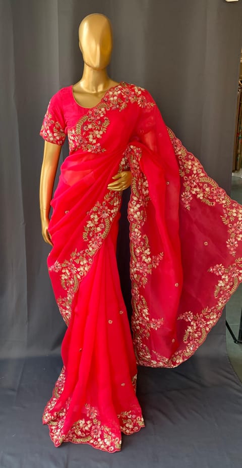 Bright Pink Pure Organza Handwork Saree