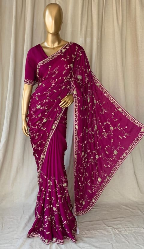 Wine Pure Satin Saree with Allover Floral