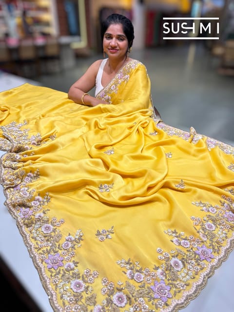 Yellow Pure Satin Georgette Saree